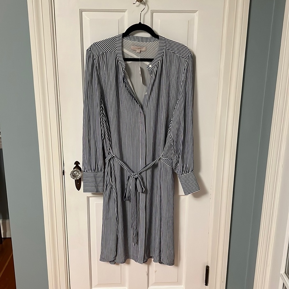 LOFT Blue & White Vertical Striped Long-Sleeved Tie-Waist Silky Shirt Dress